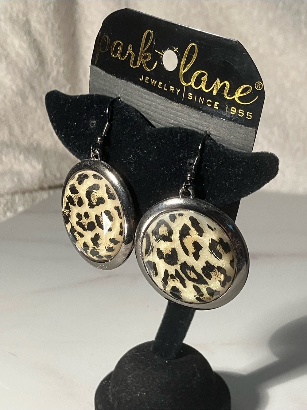 ‘Leopard’ Disc Drop Earrings - Hematite bezels with subtle glitter highlighting